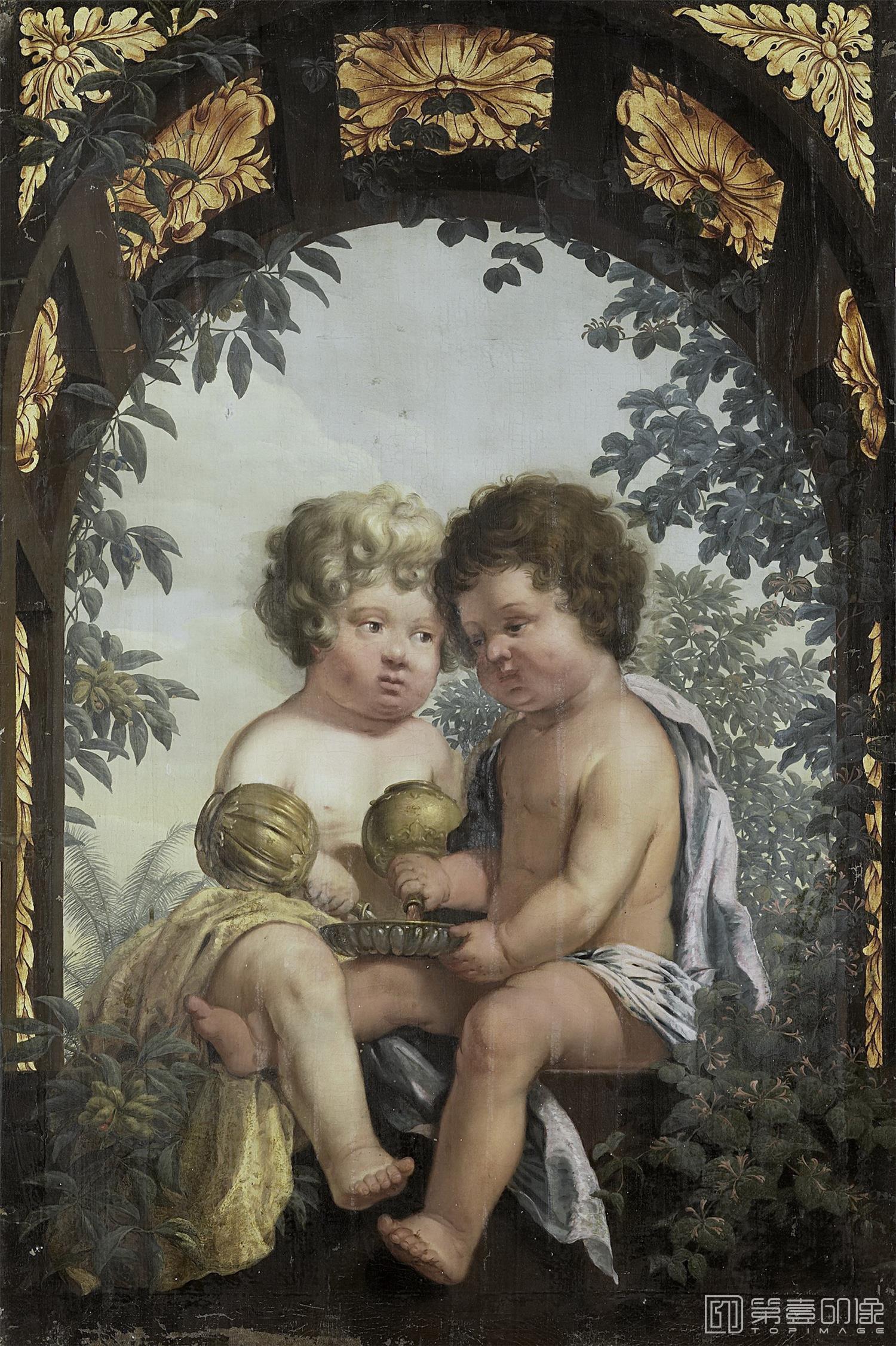油画-荷兰阿姆斯特丹国家美术馆-Unknown artist Christelijke allegorie met twee kinderen die elk een karaf in een schaal uitgieten 1650-1699-1609
